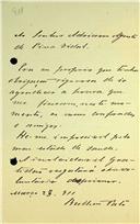 Carta de Raimundo António de Bulhão Pato dirigida a Adriano Augusto de Pina Vidal, Secretário-Geral, comunicando a impossibilidade de atender ao pedido da Classe de Letras
