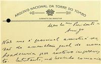 Carta de António Baião dirigida a Pedro José da Cunha, Presidente, justificando a ausência na sessão da Assembleia Geral e propondo uma comunicação para a sessão seguinte da Classe de Letras