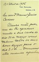 Carta de D. Miguel de Bragança dirigida a Manuel Ferreira Cardoso, médico, dando conta do estado de saúde de sua mãe, D. Adelaide de Löwenstein-Wertheim-Rosenberg