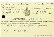 Cartão de visita de António Cabreira dirigido a Cristóvão Aires de Magalhães Sepúlveda, Secretário, remetendo nota de comunicação realizada em Assembleia Geral